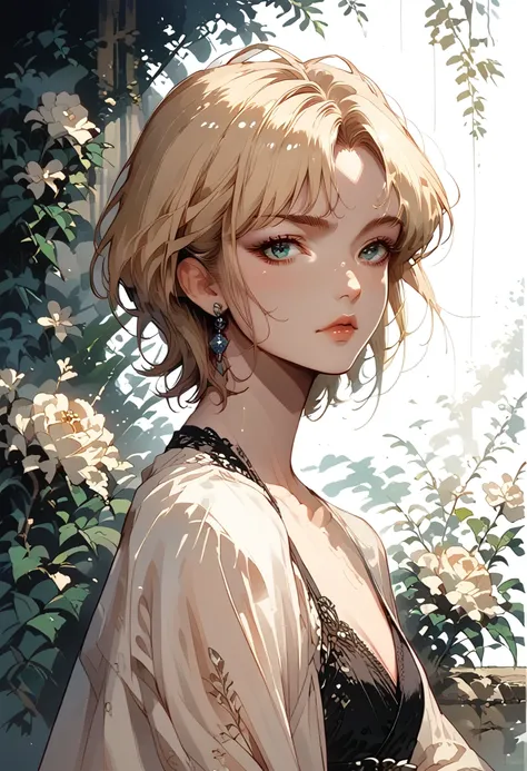 1 girl,beautiful, masterpiece, best quality, white background,kazuya takahashi, concept art, blonde,short hair