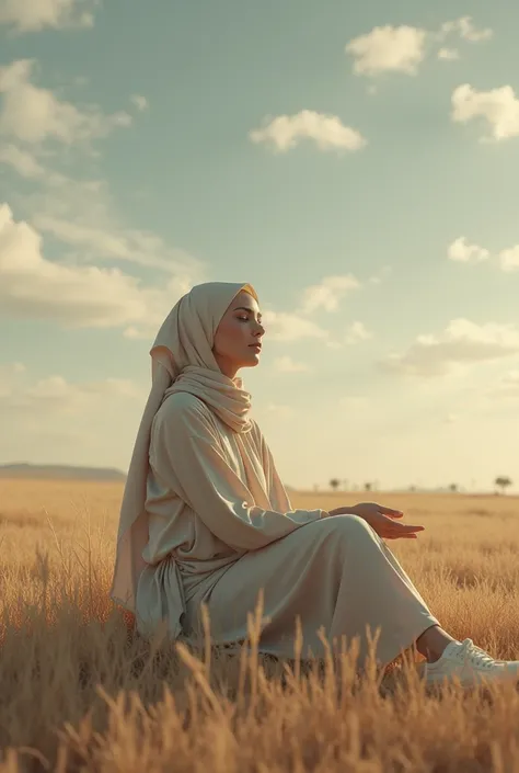 a curvy woman wearing a hijab and blouse and long skirt, wearing sneakers, sitting relaxed in the grassland the dry, barren sky and clouds are visible