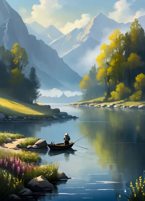 A peaceful lake，Calm waters，Mountains in the background，Misty atmosphere，Sunlight through the clouds，Wildflowers around the lake，A  fisherman standing on the shore fishing scene，Natural Tones, Traditional ink painting, Natural Lighting，Tranquil scenery，Del...