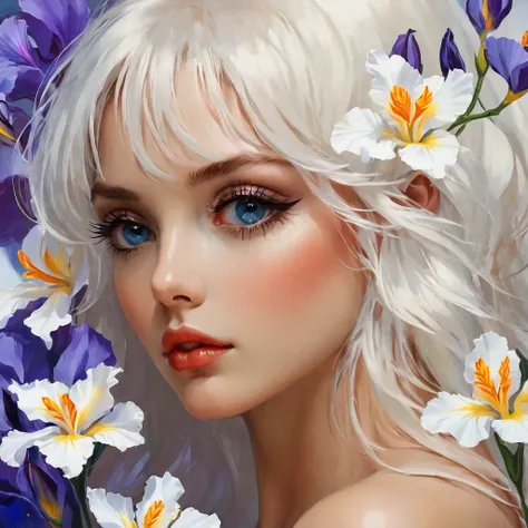 highest quality, masterpiece, surreal), Portrait of a beautiful and delicate profile girl, Playful and cute, Petals are floating in the background,Beautiful iris flowers,white hair