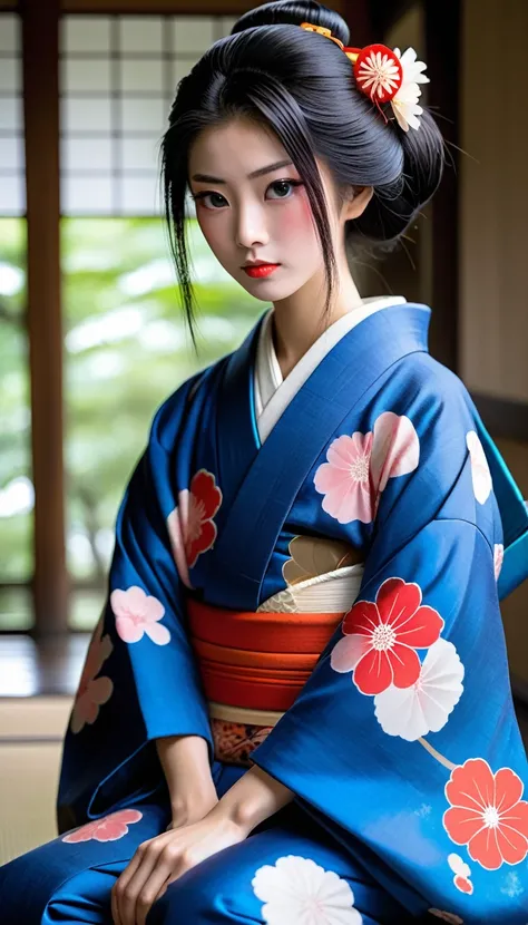 (masterpiece:1) blue eyed samurai style, traditional geisha hair, early edo period kimono, haori jacket, inside Japanese castle, bowing in knees, geisha makeuo