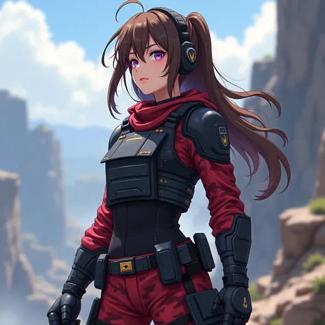 Girl, brown hair, purple eyes, cool haircut, military outfit, red and black camouflage, bulletproof vest, in heavy armor, no helmet, tactical stance, at cliff, anime