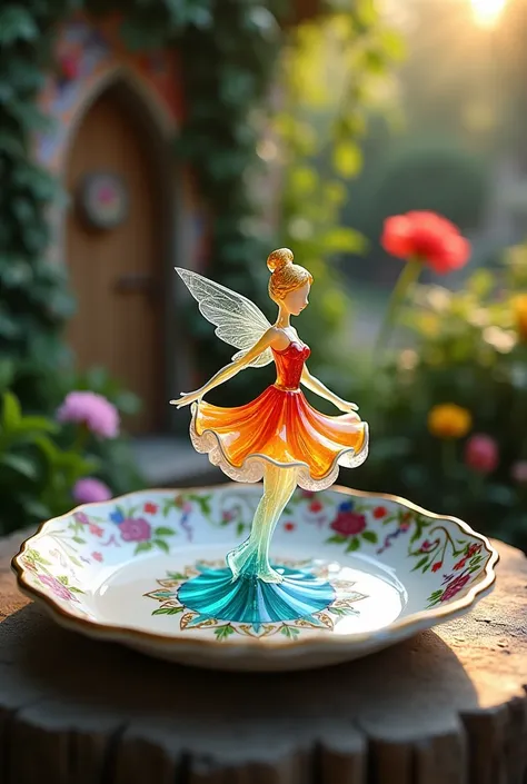 A delicate miniature girl-like figure, fashioned from colorful glass, twirling on an intricately painted porcelain plate, set in a quaint, fairy- tale garden with vibrant flowers and ivy- covered walls. The plates ornate designs add a touch of elegance, wh...