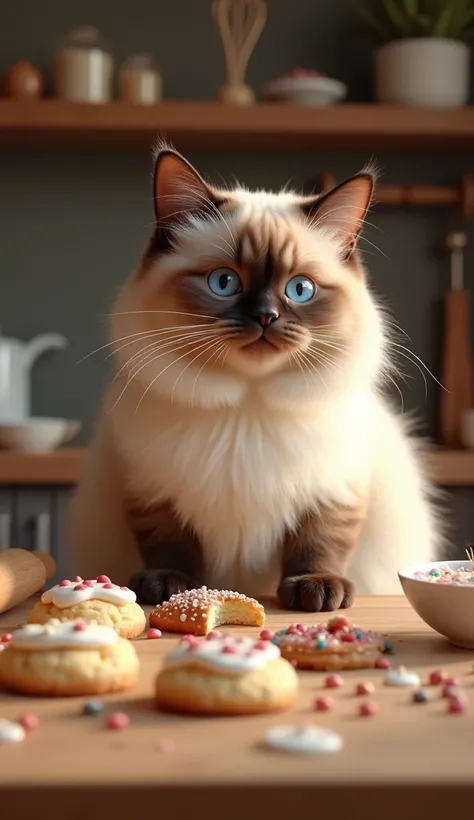 chubby siamese cat,baking cookies,baking cake,covered in flour,decorating baked goods,precision,photorealistic,cinematic lighting,high quality,8k,intricate details,cute,adorable,fluffy,furry,soft,detailed fur,whiskers,paws,beautiful eyes,realistic textures...