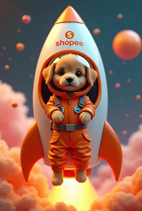 Shopee Written Rocket with a caramel puppy inside the rocket wearing an orange astronaut suit