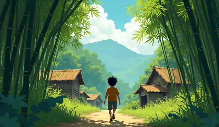 The Quiet Village and Bamboo ForestA small, peaceful village surrounded by towering bamboo trees at the edge of a vast forest. A young boy, around , with dark hair and simple clothing, is walking curiously towards the forest. The scene has soft, warm sunli...