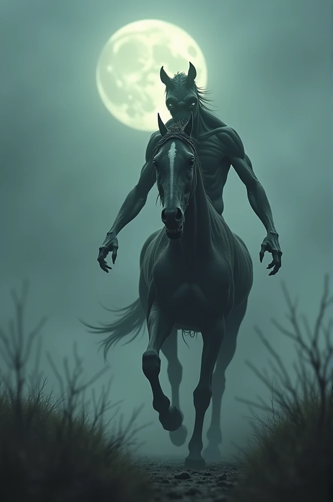 A horrifying, skinless creature with the upper body of a man fused to a horses back, its exposed muscles and veins glistening under the moonlight. The creature gallops across a foggy Scottish moor, spreading a toxic mist."