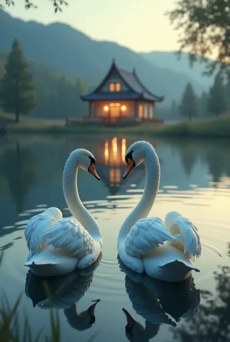 Two swans watching a house