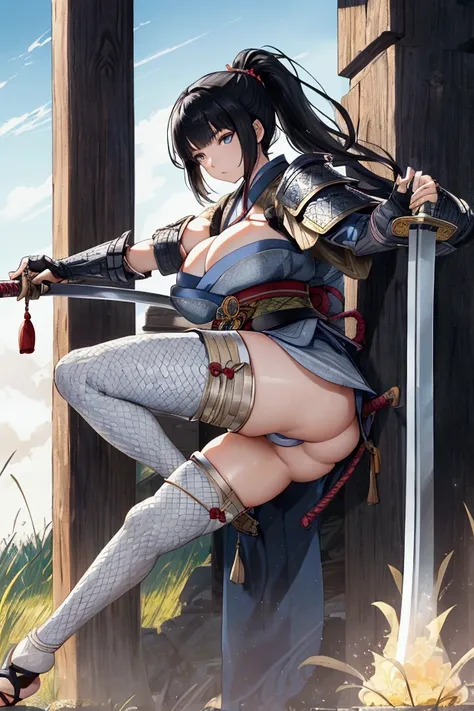 (Japanese women)、(Warrior Princess)、(War Goddess)、(Black Hair)、(ponytail)、(Old Japanese Armor)、((Holding a Japanese sword))、(True to prompts)、(upscale)、(Glaring with sharp eyes)、(Super big breasts),(battlefield)、(grassland)、((A large number of soldiers))、(...