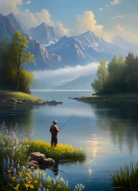 traditional oil paintings, A peaceful lake，Calm waters，Mountains in the background，Misty atmosphere，Sunlight through the clouds，Wildflowers around the lake，A  man standing on the shore fishing scene，Natural Tones, Superb composition，Elegant simplicity，Smoo...