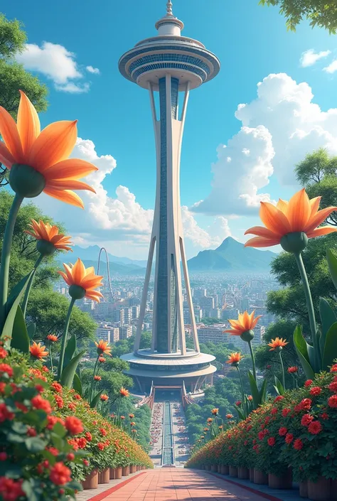 Asian style city with 5 flower statues scattered around the city, with a roller coaster surrounded by a wooded park. In this city there is a needle tower style building with a capsule on top to see the city view.