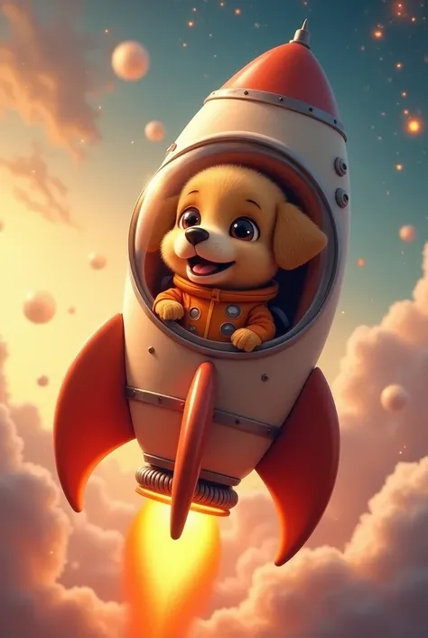 Written Rocket Shopee with a caramel puppy body inside the rocket in an orange astronaut suit