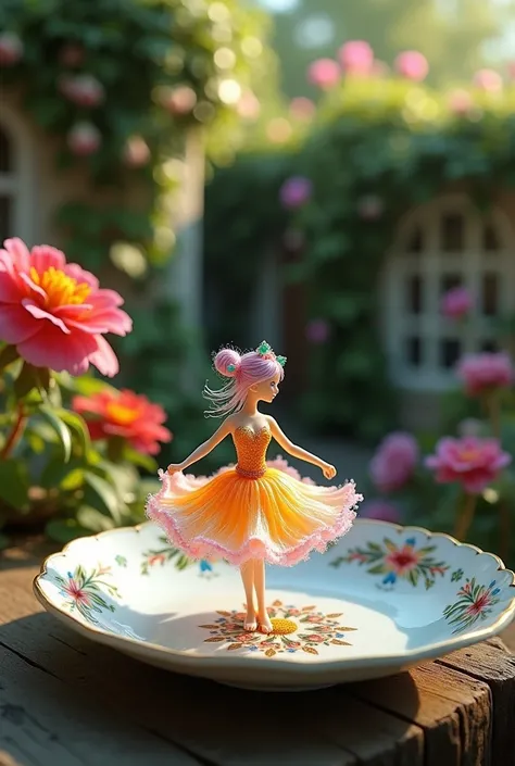 A delicate miniature girl-like figure, fashioned from colorful glass, twirling on an intricately painted porcelain plate, set in a quaint, fairy- tale garden with vibrant flowers and ivy- covered walls. The plates ornate designs add a touch of elegance, wh...