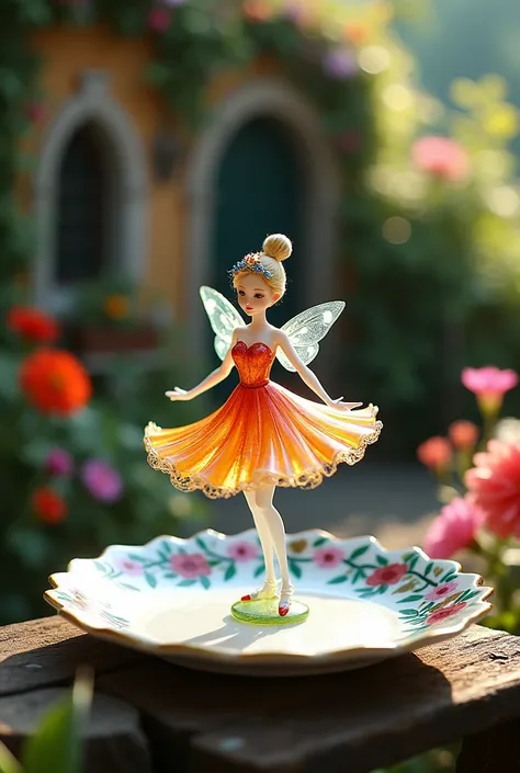 A delicate miniature girl-like figure, fashioned from colorful glass, twirling on an intricately painted porcelain plate, set in a quaint, fairy- tale garden with vibrant flowers and ivy- covered walls. The plates ornate designs add a touch of elegance, wh...