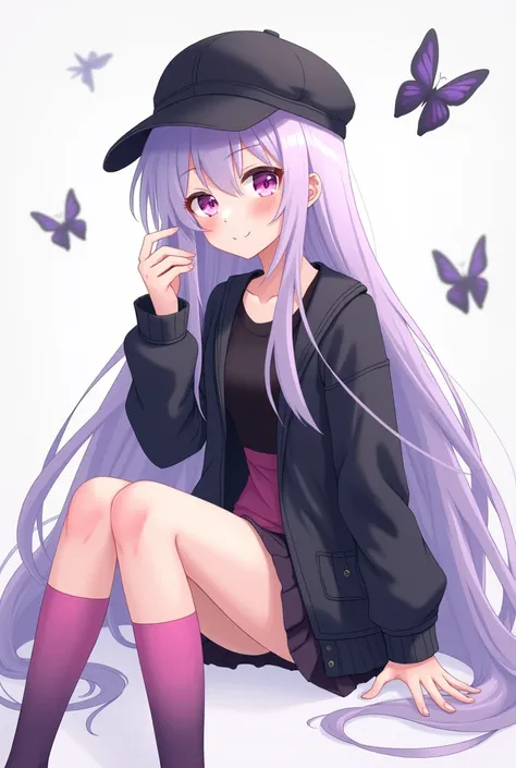 An anime-type girl with white skin, Her hair is straight and long, reaching her waist., The color of her hair is light purple, She has a smiling expression with a slight blush and her eyes are light pink., He has a black cap, and has a black jacket with a ...