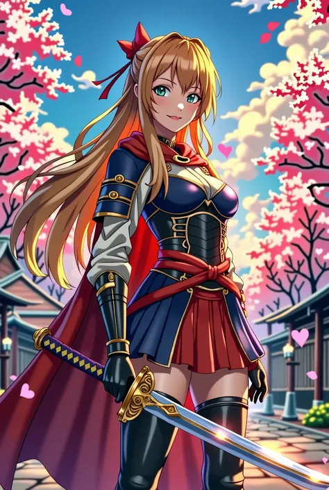 Japanese Sengoku period beautiful high school girl anime illustration blonde superhero strongest