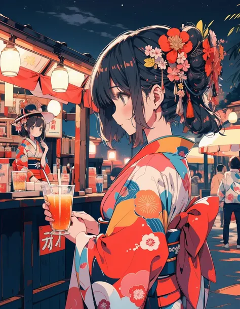 Ultra-precision,4K,official,Drawing four different types of kimono girls,The background is night,Japanese Festivals,stall