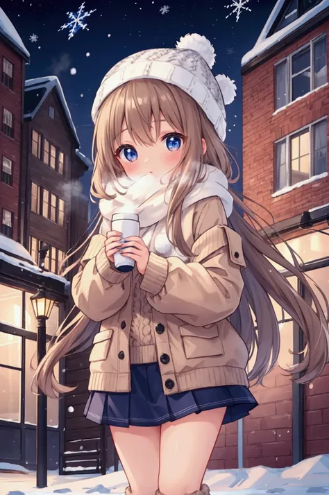 Girl、Knitted hat、Light brown knitted outfit、Off the shoulder、Fur muffler、Navy blue mini skirt、Black knee-high socks、Snowy town、Urban area、Building district、night、snowflakes shine、White Breath、reflected light