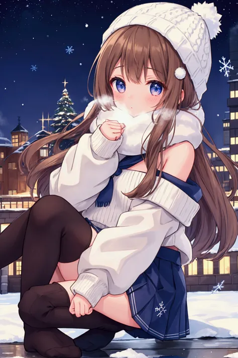 Girl、Knitted hat、Light brown knitted outfit、Off the shoulder、Fur muffler、Navy blue mini skirt、Black knee-high socks、Snowy town、Urban area、Building district、night、snowflakes shine、White Breath、reflected light