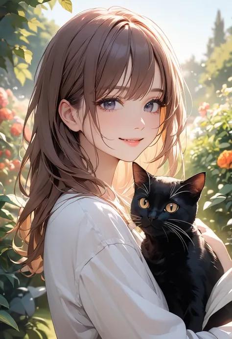 (masterpiece:1.5),(Beat quality),(high res),1girl solo,beautiful face,smile,upper body,Woman in plain clothes,garden,Holding a black cat