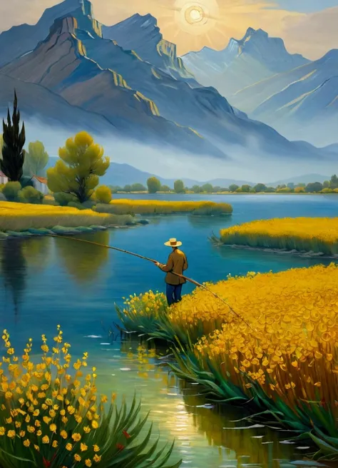 traditional oil paintings, A peaceful lake，Calm waters，Mountains in the background，Misty atmosphere，Sunlight through the clouds，Wildflowers around the lake，A  man standing on the shore fishing scene，Natural Tones, Superb composition，Elegant simplicity，Smoo...