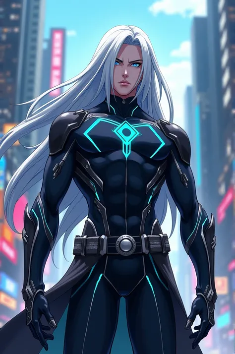 From My Hero Academia: long hair, white hair, wearing a hero suit, blue eyes and a hero