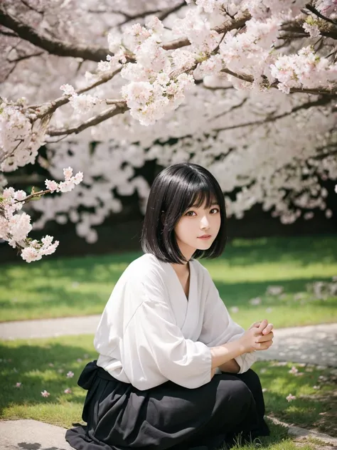 A black-haired Japanese woman sitting under the sunlight in spring