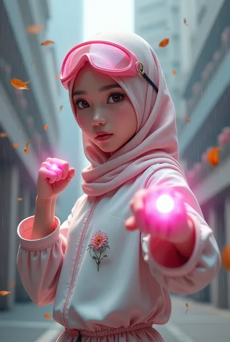 Malaysia women a realistic masterpiece. Human .wear pint watch.. 1girl wearing a hijab, detailed beautiful face, Hijab Muslim. Wear long sleeve moder design white pink stripe white, minimalist flower on shirt. Enger face. Open mouth. Glowing power pink. . ...