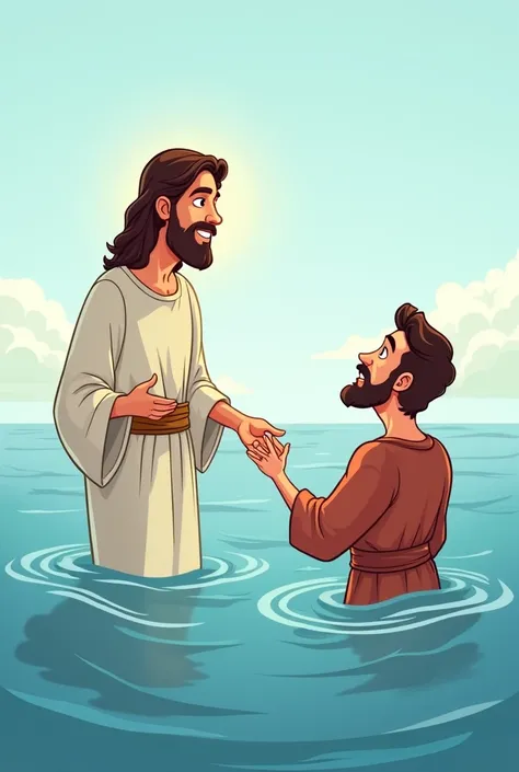 Create a cartoon illustration of an adult Jesus holding his hand to an adult Peter dressed in a, bringing it to the surface of the sea