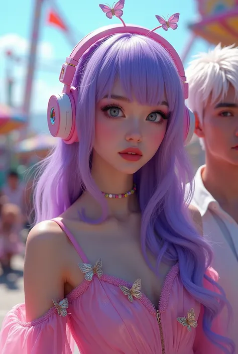 Korean purple hair butterfly woman with headphone and pink glitter dress and white pink hair man in amusement park 