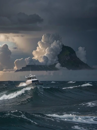 a small boat in the ocean in the middle of a huge storm and big waves