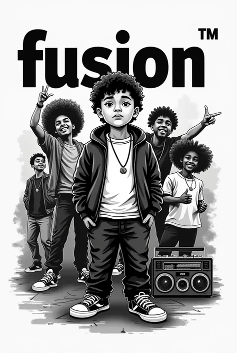 t-shirt layout for hiphop that have a text says " FUSION ". theres a boy thats chubby in the middle and a girl and boy group of dancers and a radio. black and white color