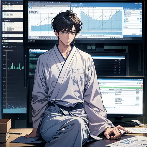 A young man sitting in American casual wear.
looking at a chart screen in a forex trading room.
Make an illustration in Japanese anime style