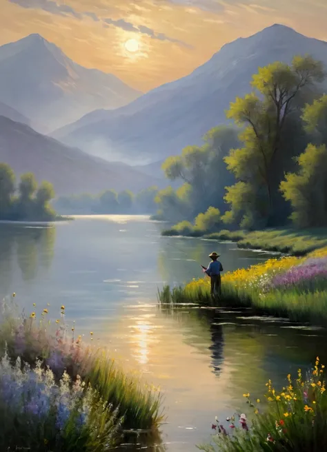 Traditional Impressionist Oil Painting, A peaceful lake，Calm waters，Mountains in the background，Misty atmosphere，Sunlight through the clouds，Wildflowers around the lake，A  man standing on the shore fishing scene，Natural Tones, Superb composition，Elegant si...