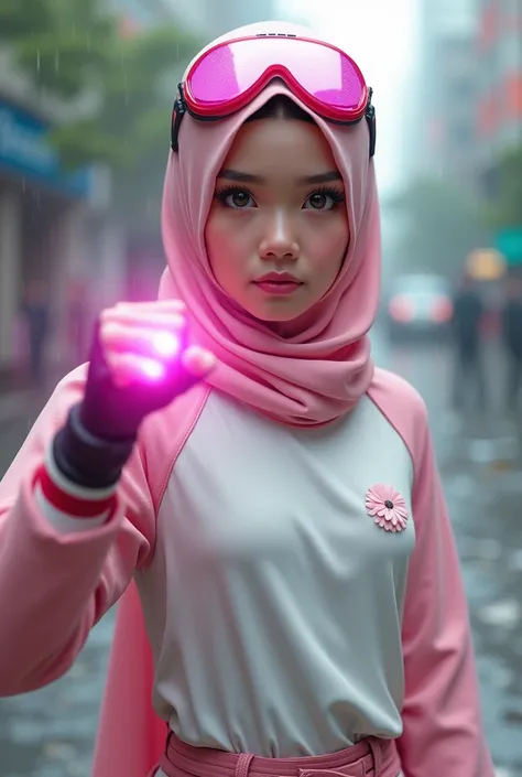 Malaysia women a realistic masterpiece. Human .wear pint watch.. 1girl wearing a hijab, detailed beautiful face, Hijab Muslim. Wear long sleeve moder design white pink stripe white, minimalist flower on shirt. Enger face. Open mouth. Glowing power pink. . ...