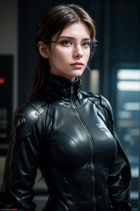 (cyberpunk military scientist:1) (1woman) dark theme :: focus on closeup face, curious face, Katee Sackhoff face, ultra realistic futuristic cyberpunk tall athletic woman, :: medium brown hair, futuristic glasses nerd :: inside cyberpunk office :: brown ey...