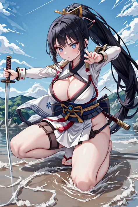 (Japanese women)、(Warrior Princess)、(War Goddess)、(Black Hair)、(ponytail)、(Old Japanese Armor)、((Holding a Japanese sword))、(True to prompts)、(upscale)、(Glaring with sharp eyes)、(Super big breasts),(battlefield)、(grassland)、((A large number of soldiers))、(...