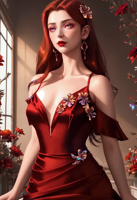 Beautiful realistic woman, detailed face, crystal clear amber eyes, red lipstick, flowing brown hair, dried red flower in hair, delicate earrings and necklace, (((bright iridescent floral satin red dress, low cut, exposed shoulders))), sensation of movemen...