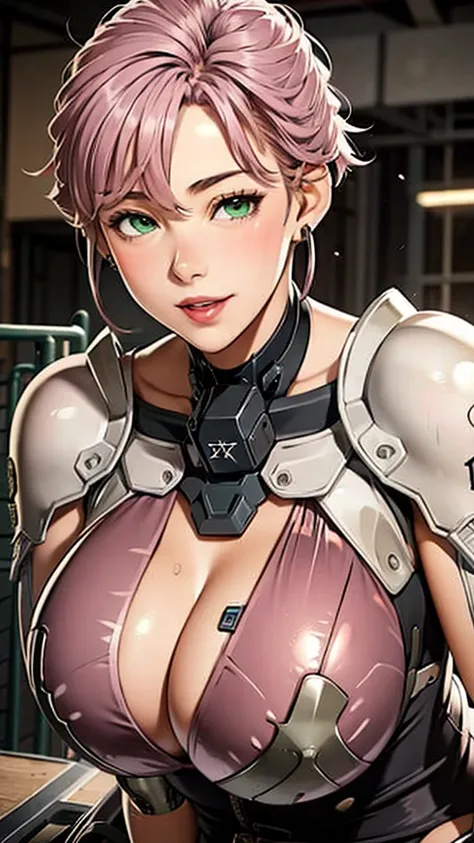 Pink translucent，Arm mecha，Short pink hair，Curly hairstyle，Huge breasts，cleavage，Half body wearing benzene heavy mecha，Sexy，lipstick，Green eyes，Smile，earrings，Nipple showing，Sunlight，Battleship bridge