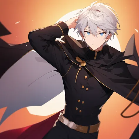 2d male character, black clothes with cape, whitegloves, White hair, grey-eyed, black backdrop