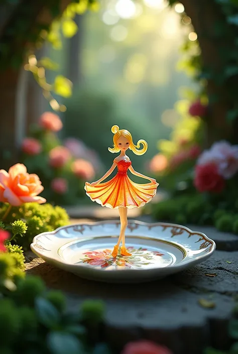 A delicate miniature girl-like figure, fashioned from colorful glass, twirling on an intricately painted porcelain plate, set in a quaint, fairy-tale garden with vibrant flowers and ivy- covered walls. The plates ornate designs add a touch of elegance, whi...