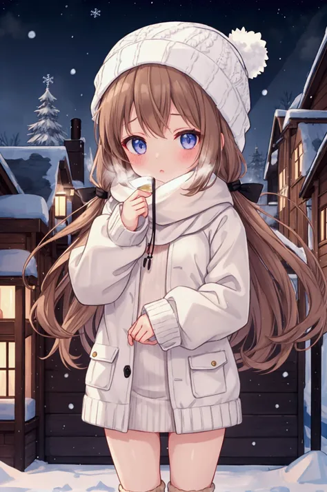 Girl、Knitted hat、Light brown hair、Fur muffler、Completely naked、Flat Chest、Nipples、Pussy、pussy juice、Black knee-high socks、Snowy town、Urban area、Building district、night、snowflakes shine、White Breath、reflected light