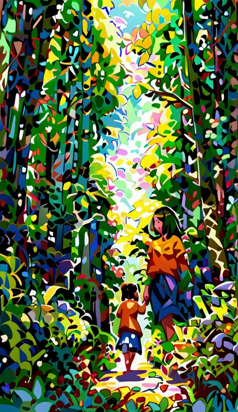 Create a realistic image of a family walking in a forest. The forest should have tall trees and soft sunlight filtering through the leaves to create a natural and peaceful environment. Use a personal portrait style to capture the family’s connection and lo...