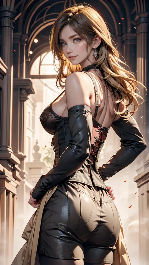 One person, alone, View your viewers, Blonde long hair, Wearing a corset, Big Ass, Brown eyes, Upper Body, Gray background, Normal boobs, lips, Realistic, A konigsreuter、Place hands on hips、smile