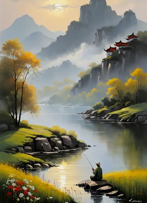 traditional oil paintings, A peaceful lake，Calm waters，Mountains in the background，Misty atmosphere，Sunlight through the clouds，Wildflowers around the lake，A  man standing on the shore fishing scene，Natural Tones, Superb composition，Elegant simplicity，Smoo...