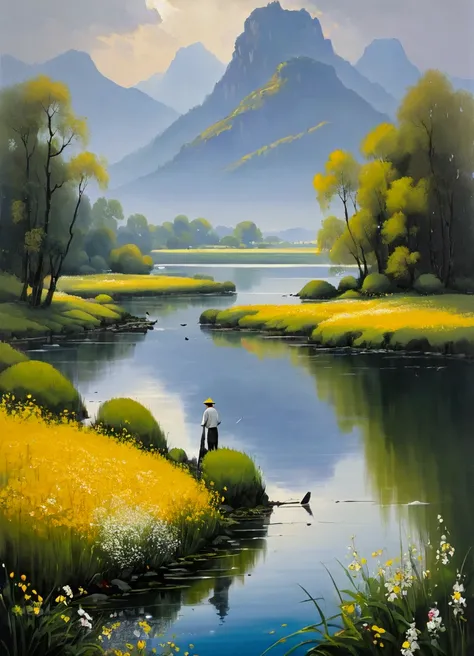 traditional oil paintings, A peaceful lake，Calm waters，Mountains in the background，Misty atmosphere，Sunlight through the clouds，Wildflowers around the lake，A  man standing on the shore fishing scene，Natural Tones, Superb composition，Elegant simplicity，Smoo...