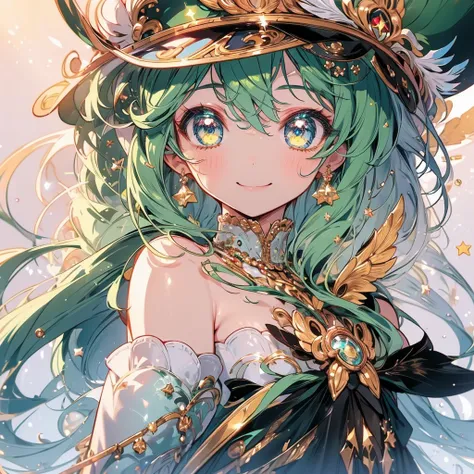 Masterpiece,Green Hair、Gabriel、Detail eyes、smile,(((White wing)))、Gold eyes,Black hat ,wearing european antique clothes,Upper Body, Star background