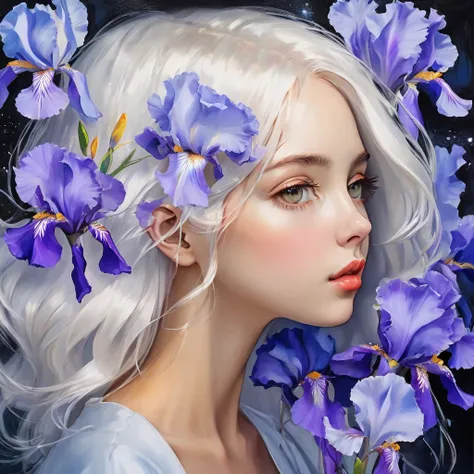 highest quality, masterpiece, surreal), Portrait of a beautiful and delicate profile girl, Playful and cute, Petals are floating in the background,Beautiful iris flowers,white hair