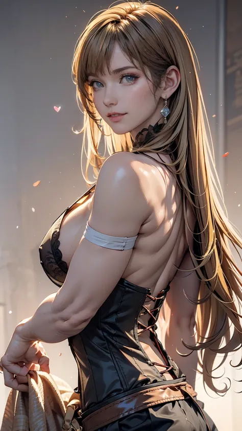 One person, alone, View your viewers, Blonde long hair, Wearing a corset, Big Ass, Brown eyes, Upper Body, Gray background, Normal boobs, lips, Realistic, A konigsreuter、Place hands on hips、smile