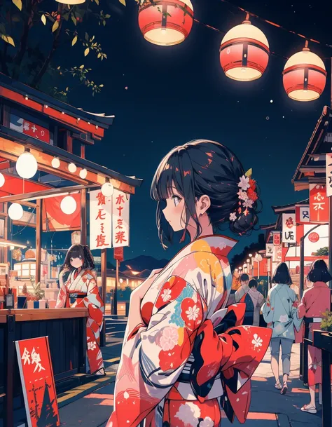 Ultra-precision,4K,official,Girls in kimonos enjoying the festival,The background is night,Japan,color々A pose,color々Variations